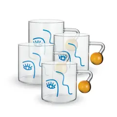 SANTU HOME & DECO - Set 4 Tazas Vidrio para Café Diseño Arte 180ml