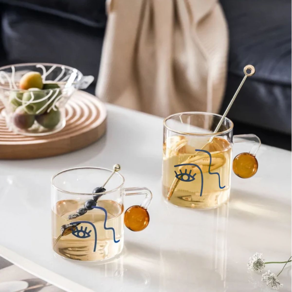 SANTU HOME & DECO - Set 2 Tazas Vidrio para Café Diseño Arte 180ml