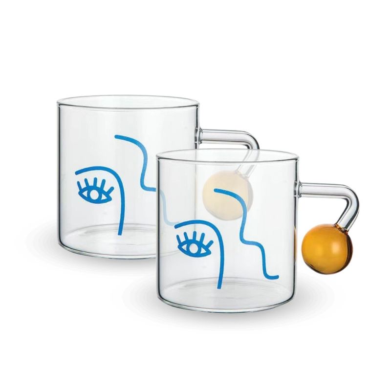 SANTU HOME & DECO - Set 2 Tazas Vidrio para Café Diseño Arte 180ml