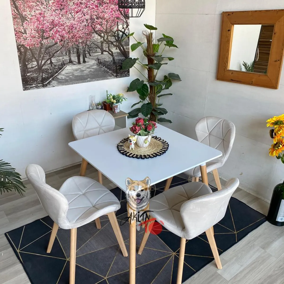 GENERICO - Comedor Alaska (Mesa cuadra blanca + 4 Sillas radar velvet Blanca)