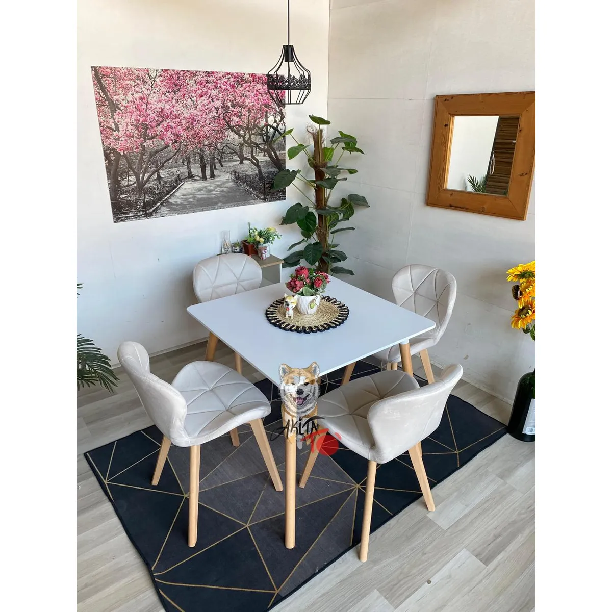 GENERICO - Comedor Alaska (Mesa cuadra blanca + 4 Sillas radar velvet Blanca)