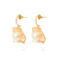 JB JOYAS BARON - Aros Oro Amarillo 18kt Hoja y Perla Cultivada 10mm