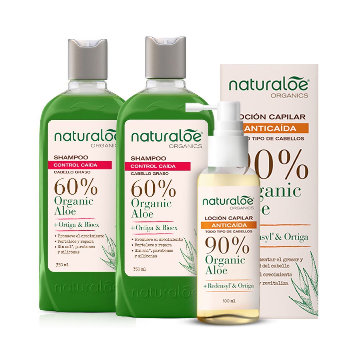 NATURALOE - Set 2 Shampoo Cont Caida Normal a Graso + 1 Loción Anticaída