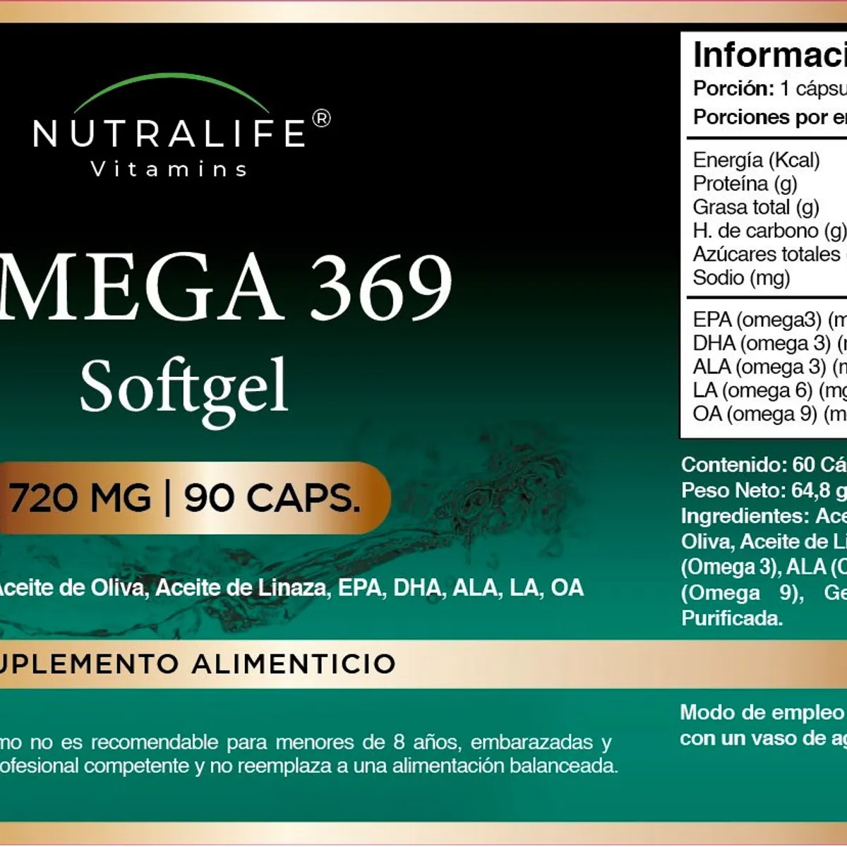 NUTRALIFE - Triple Omega 369  Lf  270 SofGels 3x90.  Epa/ Dha / LA