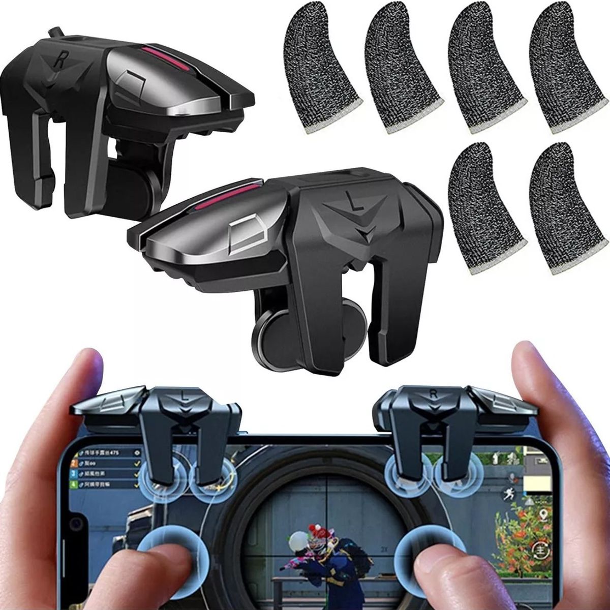 KUANGYE - Gatillos Gamer Para Telefono + 6 Fundas De Dedo Para Juego