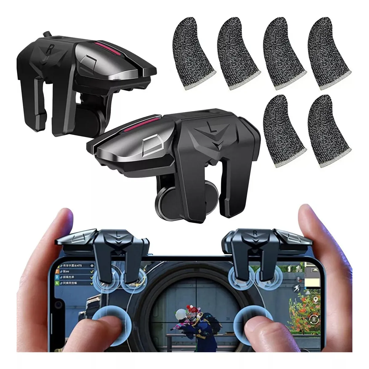 KUANGYE - Gatillos Gamer Para Telefono + 6 Fundas De Dedo Para Juego