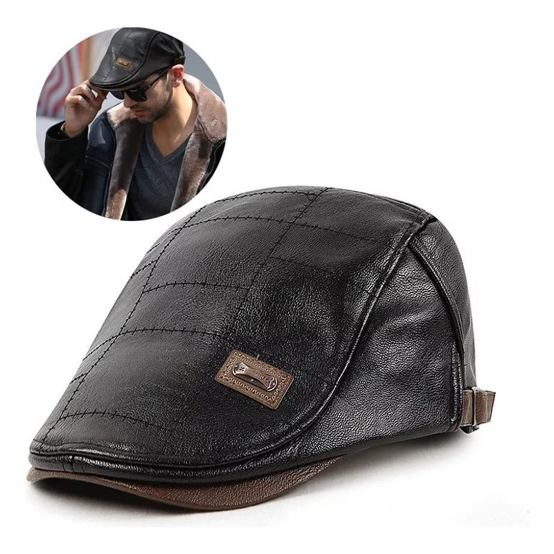 KUANGYE - Gorra Boina De Hombre Ajustable De Cuero Pu Alta Calidad
