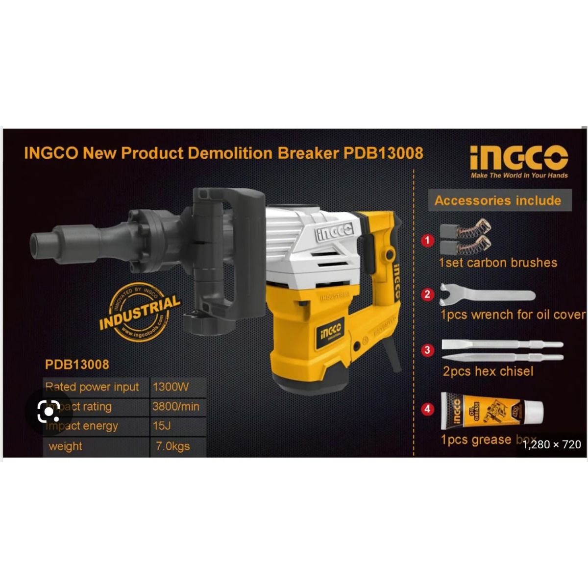 INGCO - Martillo Demoledor Industrial 1300 W Ingco 20 J + Malet+ Acc