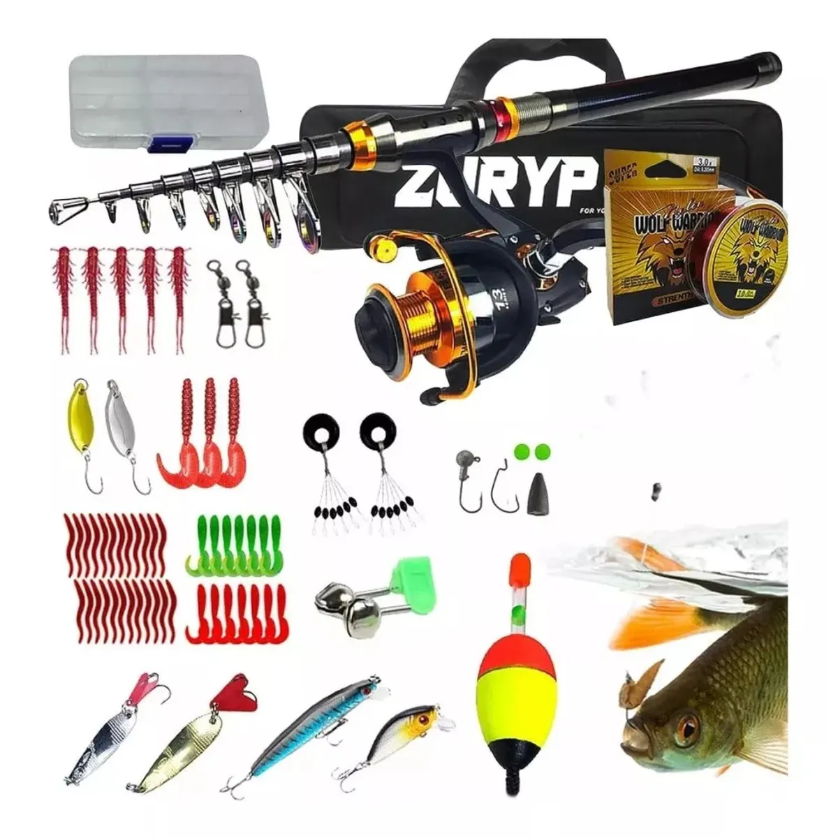 MUNDO MAGIA - Kit Pesca Caña Carrete Señuelo Accesorio Bolsa Completo 24m