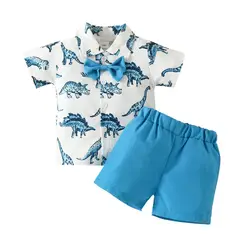 ANGO - Conjunto bebe verano Guayabera DINOSAURIOS y Short Celeste