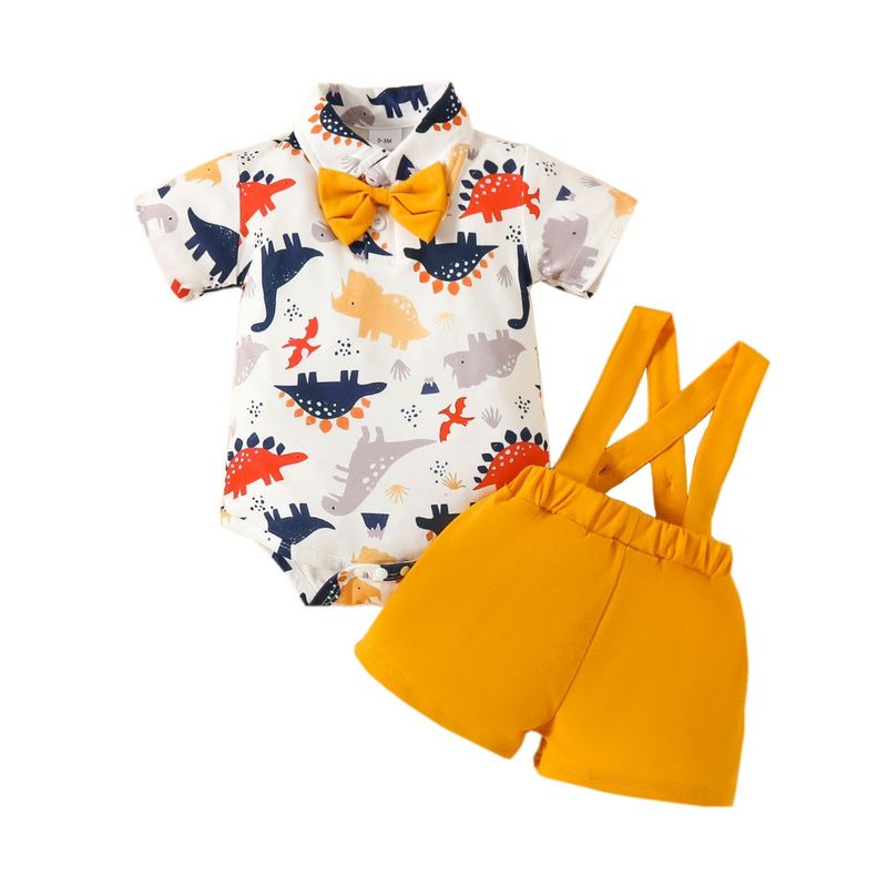 ANGO - Conjunto  bebe verano Body Dinosaurios Jardinera Amarilla