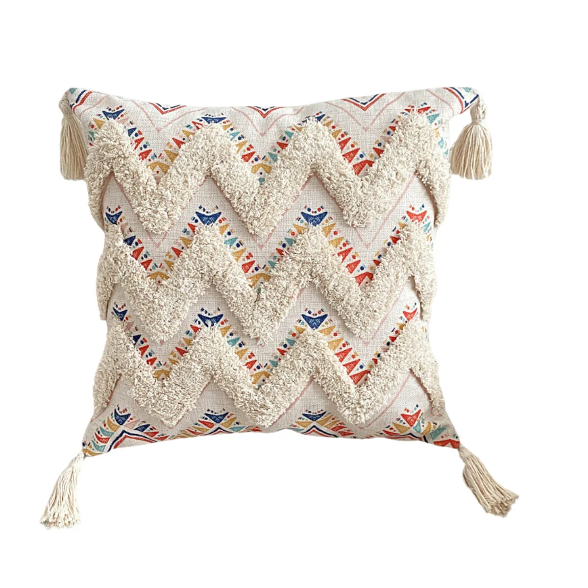 GENERICO - Pack 3 Fundas Para Cojín Boho Lino Bordado Zig Zag 45x45 Cm