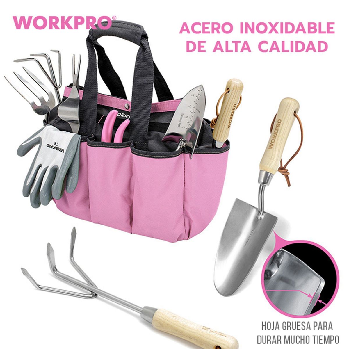 WORKPRO - JUEGO DE HERRAMIENTAS JARDIN 7 PIEZAS BOLSO ROSADO