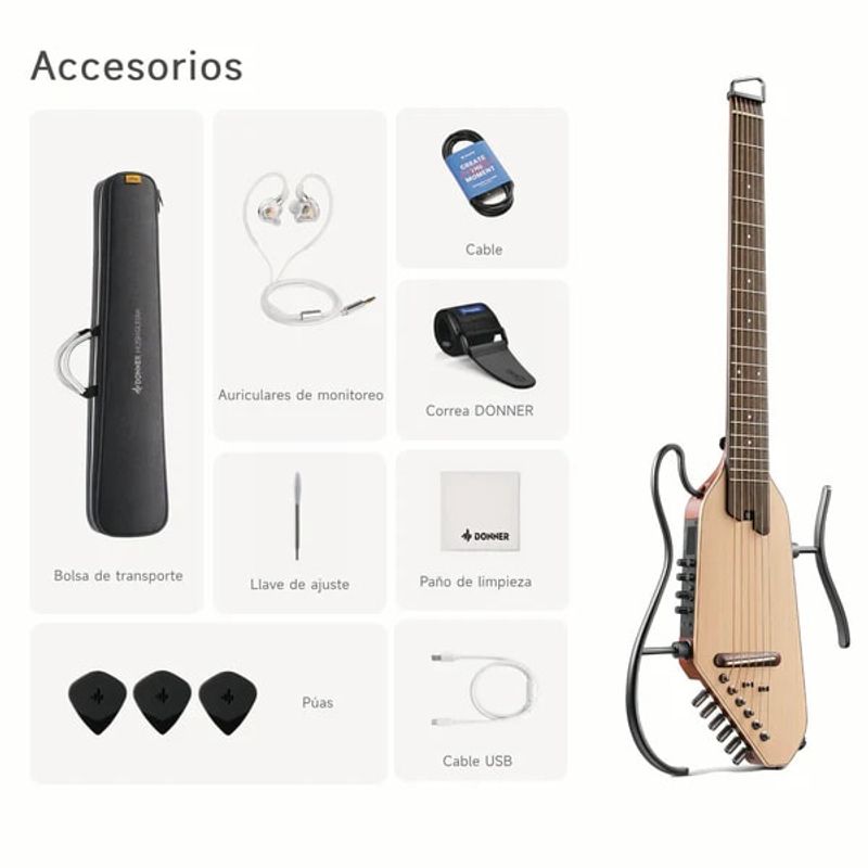 GENERICO - Guitarra Eléctrica de Viaje Donner® HUSH-IPRO Natural