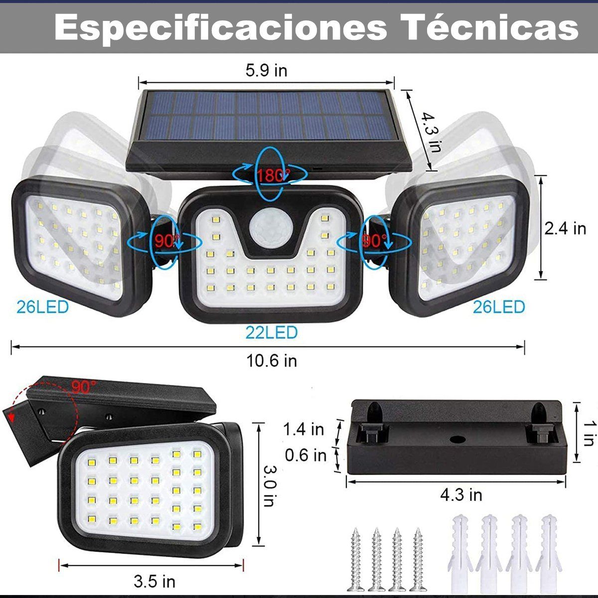 BITART - Foco Led Solar Exterior  Sensor Movimiento 3 Direcc