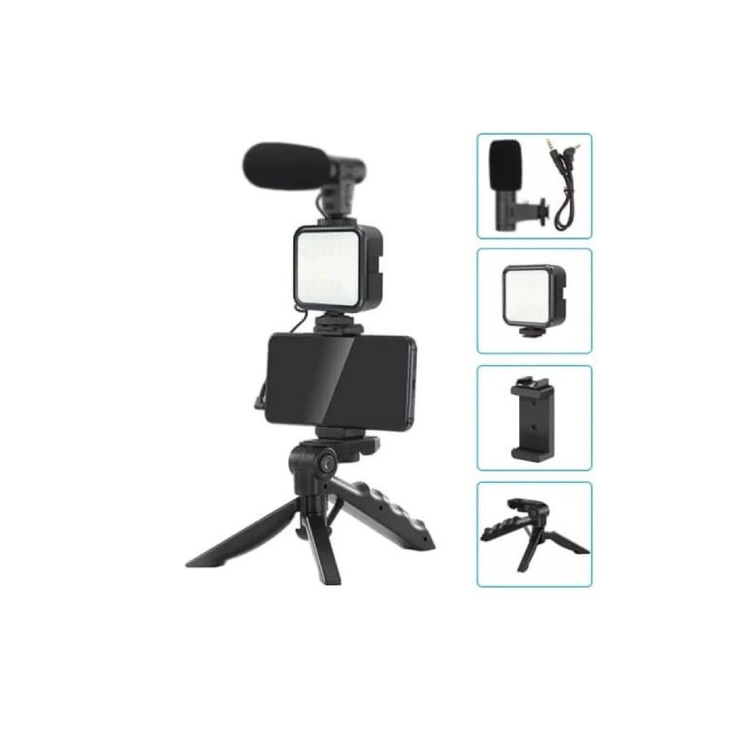 GENERICO - Kit De Grabación Con Micrófono Luz Led Y Soporte Tripode Negro
