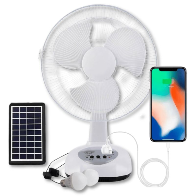 LINE - Ventilador Recargable Con Panel Solar USB Luz LED 2 Ampollas Gratis