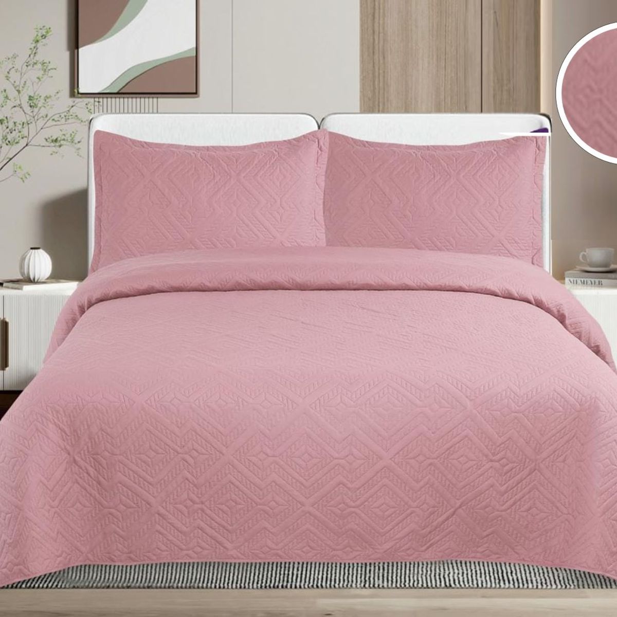 GENERICO - CUBRECAMA QUILT DE VERANO DE COLOR LISO PALO ROSA KING