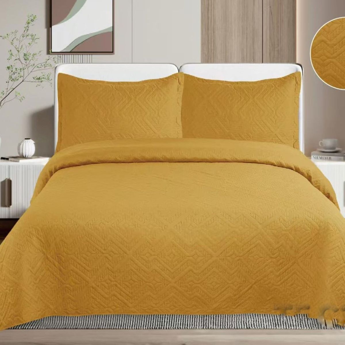 GENERICO - CUBRECAMA QUILT DE VERANO DE COLOR LISO MOSTAZA KING