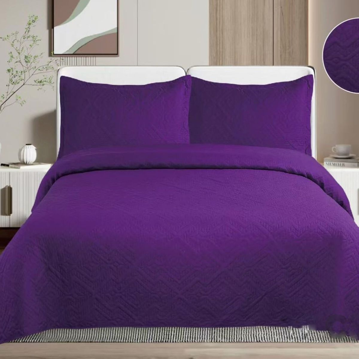 GENERICO - CUBRECAMA QUILT DE VERANO DE COLOR LISO VIOLETA KING