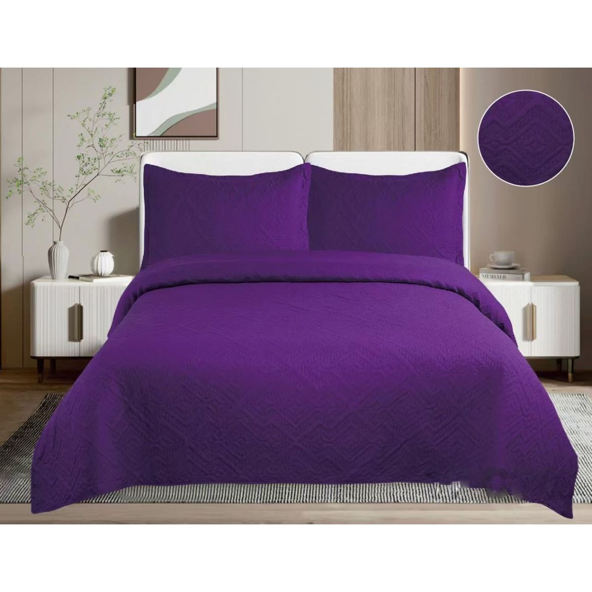 GENERICO - CUBRECAMA QUILT DE VERANO DE COLOR LISO VIOLETA KING