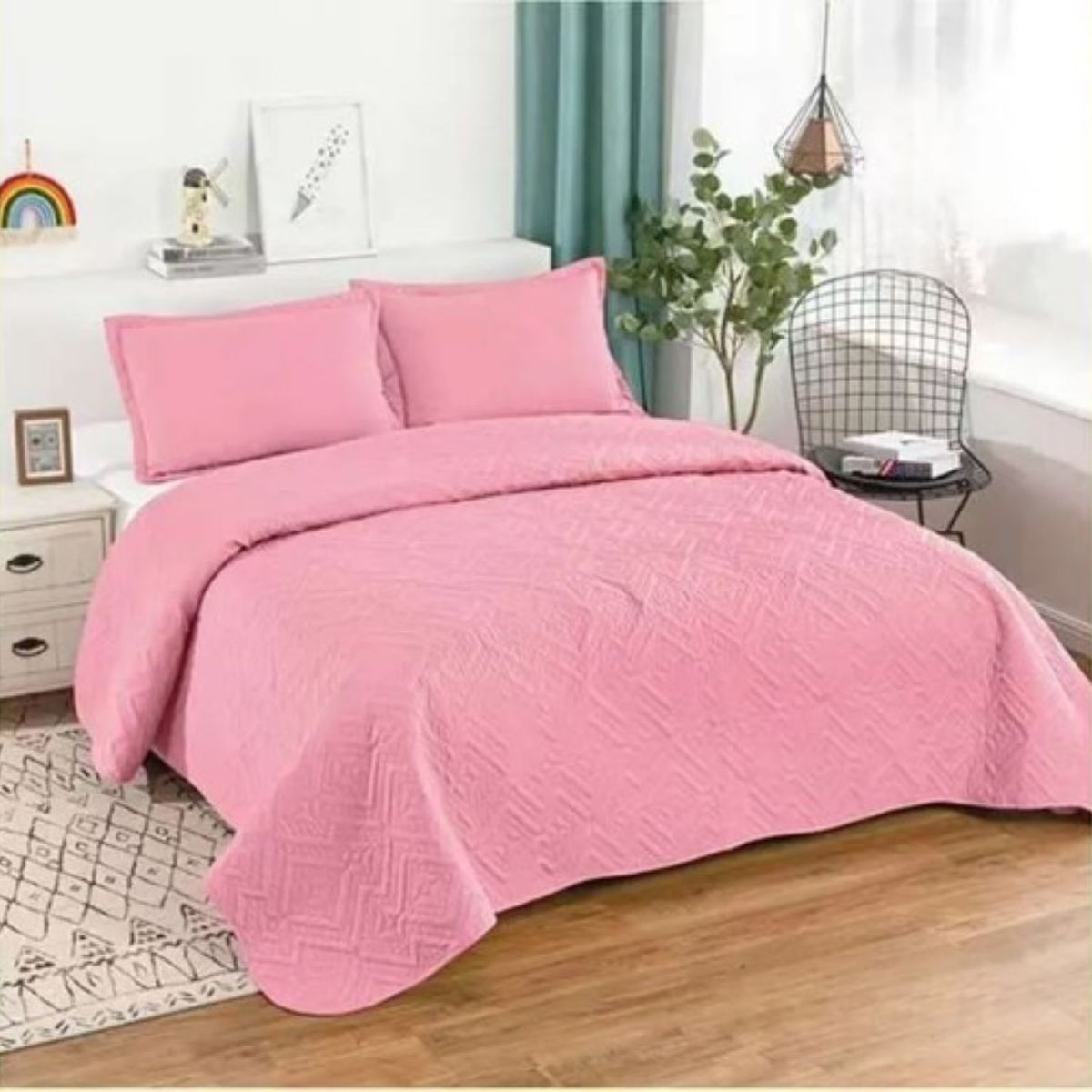 GENERICO - CUBRECAMA QUILT DE VERANO DE COLOR LISO ROSA KING