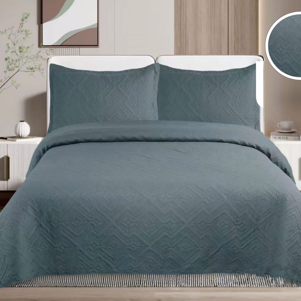 GENERICO - CUBRECAMA QUILT DE VERANO DE COLOR LISO GRIS OSCURO KING