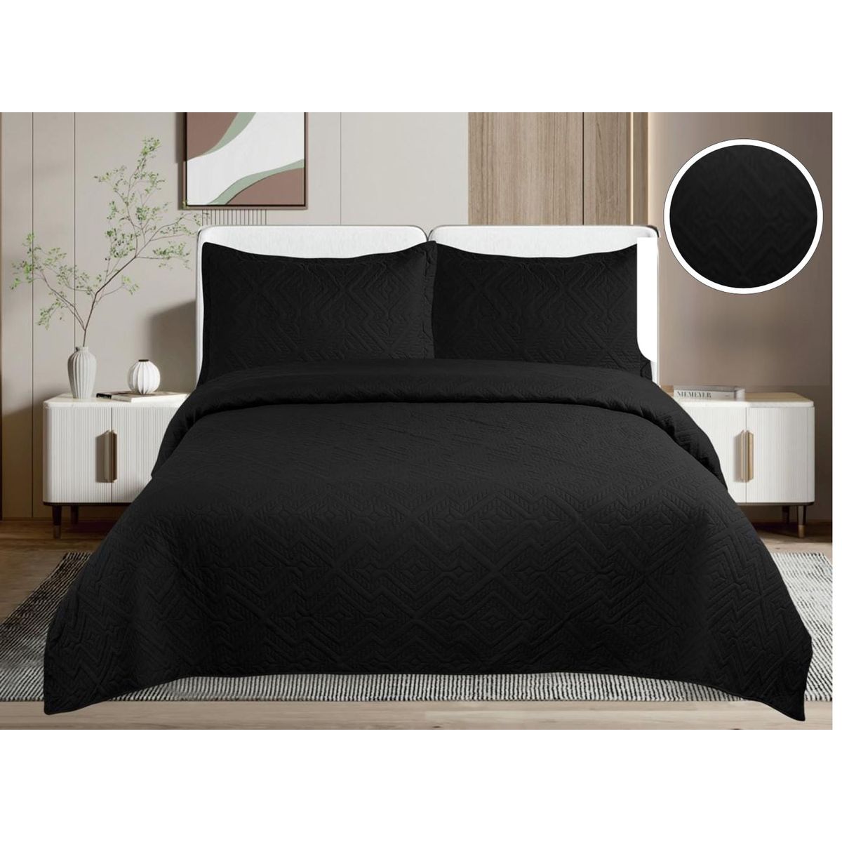 GENERICO - CUBRECAMA QUILT DE VERANO DE COLOR LISO NEGRO KING
