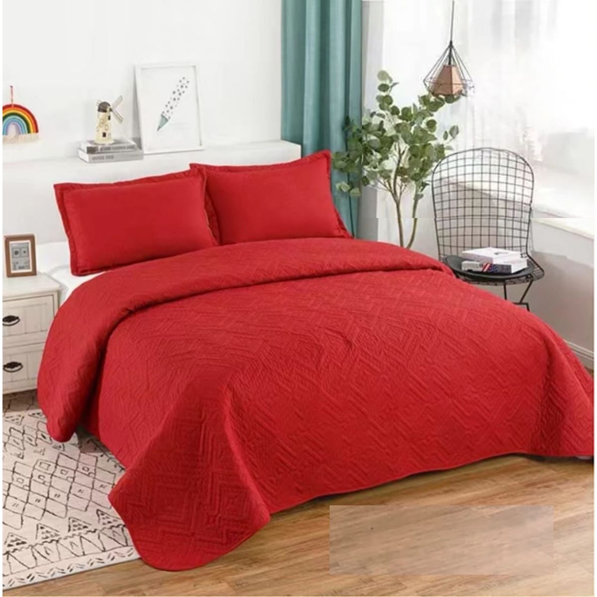 GENERICO - CUBRECAMA QUILT DE VERANO DE COLOR LISO ROJO KING