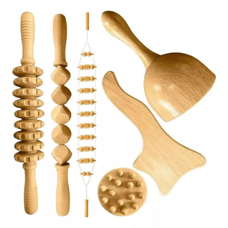 MUNDO MAGIA - Kit Rodillo Para Masaje Maderoterapia Maderos De Masaje 6pc