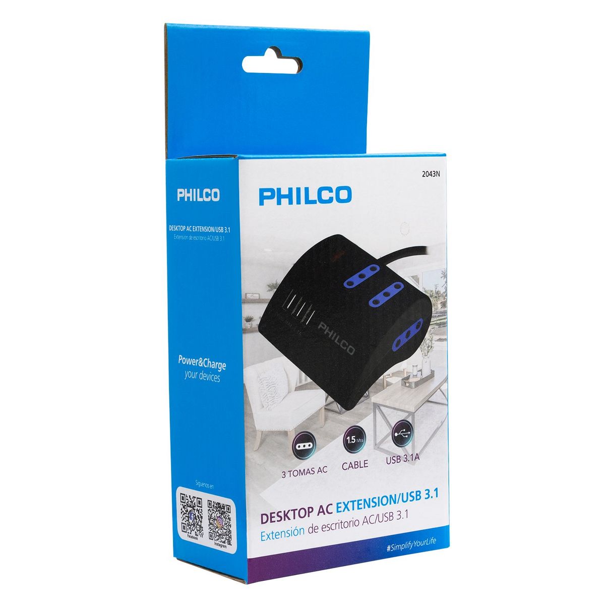 PHILCO - ALARGADOR ZAPATILLA DE 3 TOMAS PHILCO 6814 CON USB COLOR NEGRO LARGO DEL CABLE DE 1.5M 10A