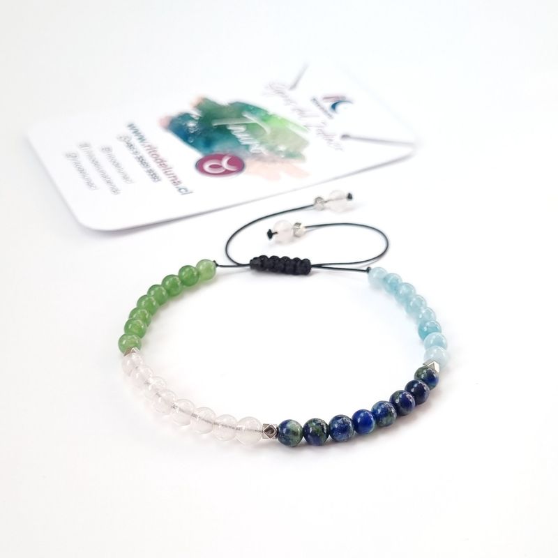 RITO DE LUNA - Pulsera Zodiaco Tauro Jaspe Verde Cuarzo Rosa Azurita y Aguamarina