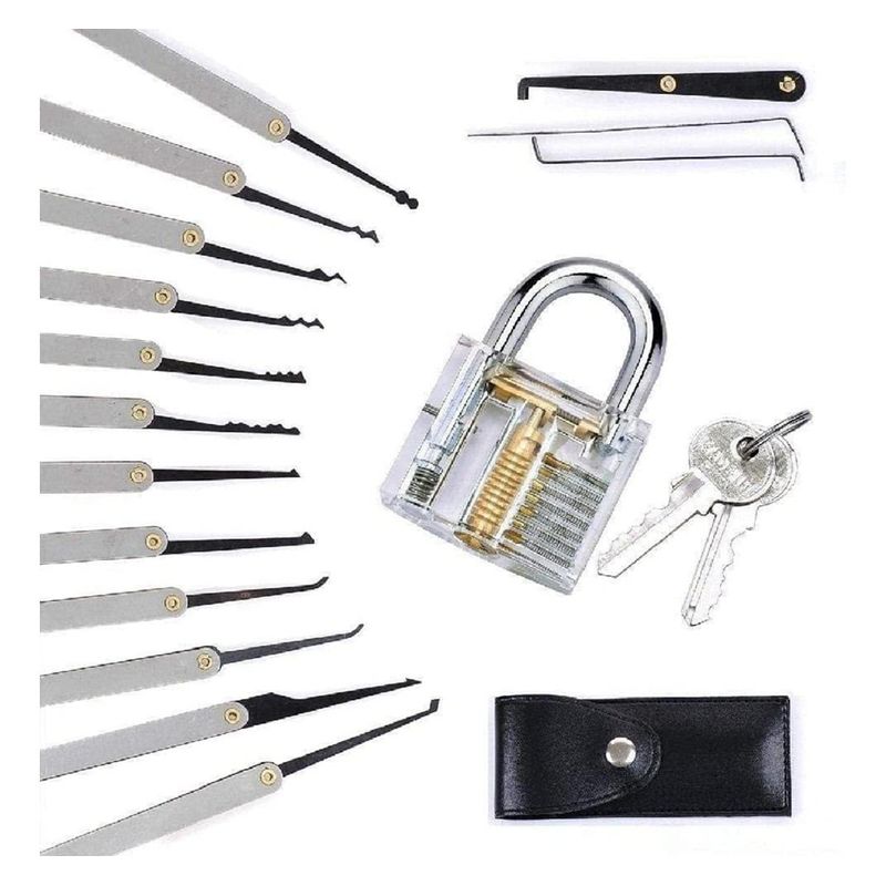 GENERICO - Kit Profesional de Cerrajería con 18 Piezas y Candado Transparent