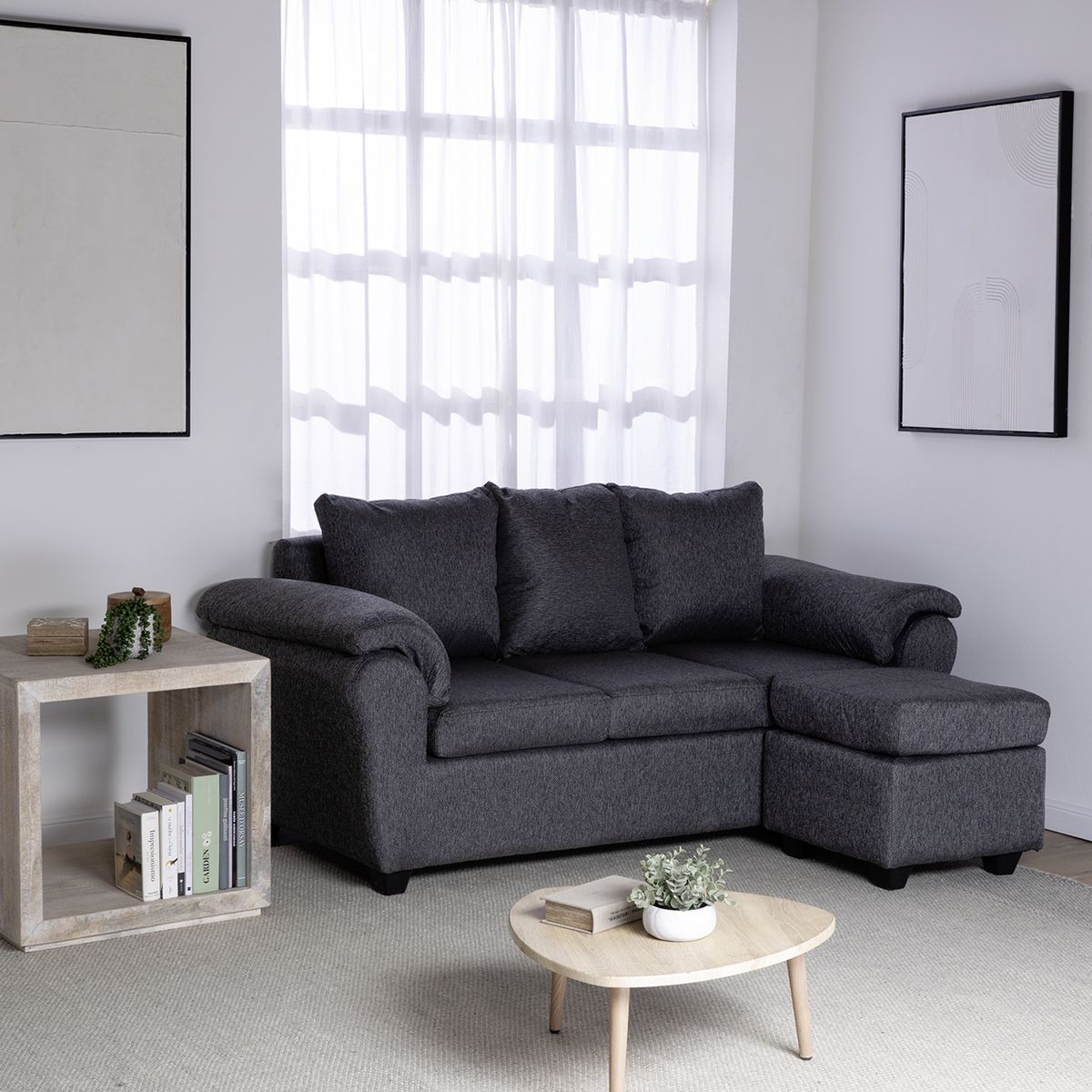 MUEBLES MPR - Sofá Ezeiza + 1 Pouf Lino Gris