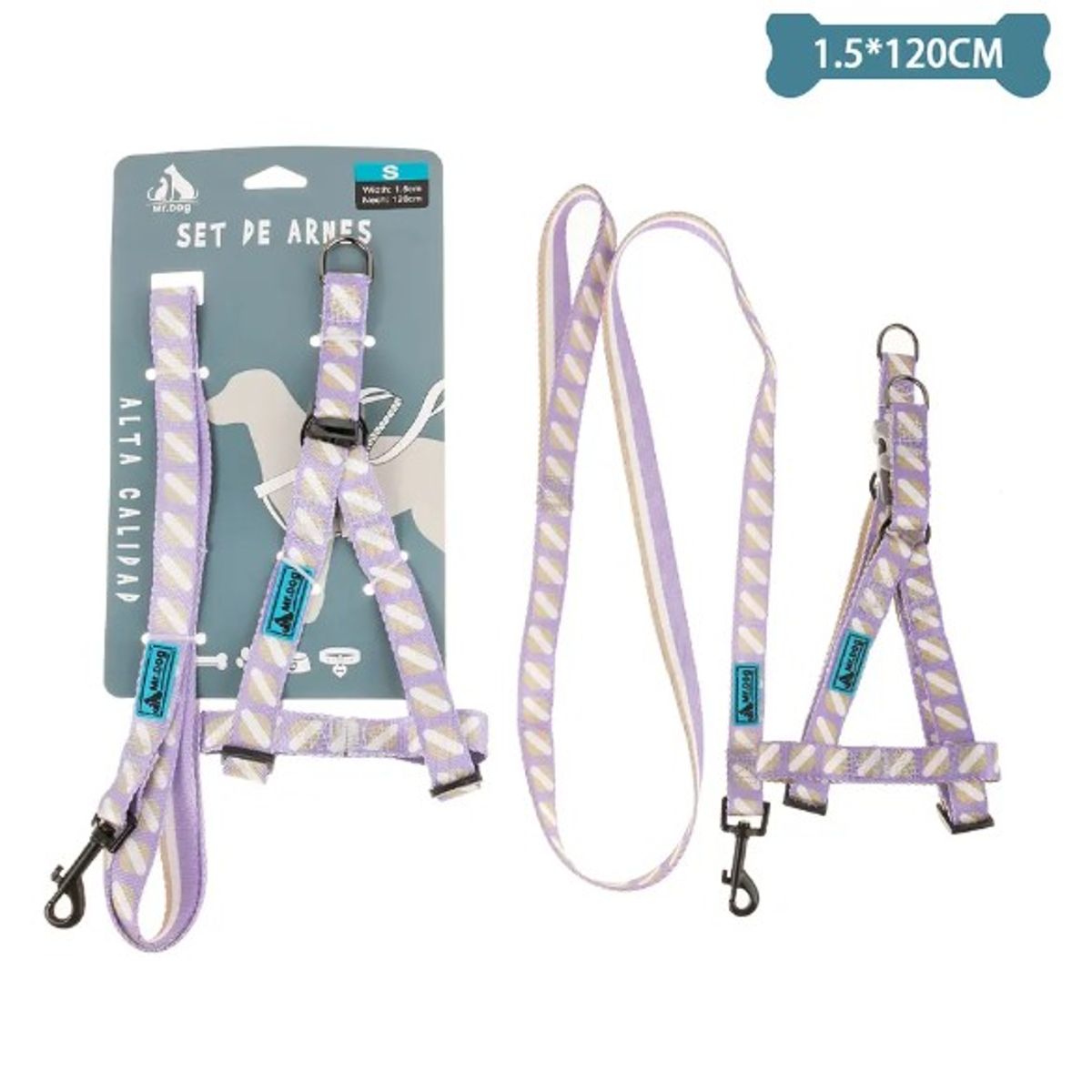 GENERICO - Set De Arnés Y Correa De Nylon Rayas Morado 15120Cm