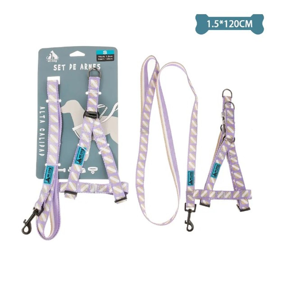 GENERICO - Set De Arnés Y Correa De Nylon Rayas Morado 15120Cm