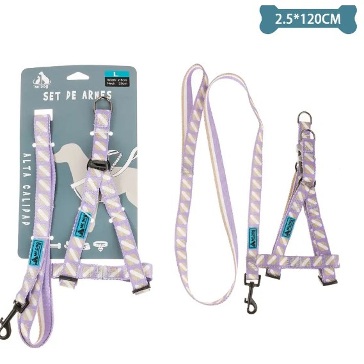GENERICO - Set De Arnés Y Correa De Nylon Rayas Morado 25120Cm