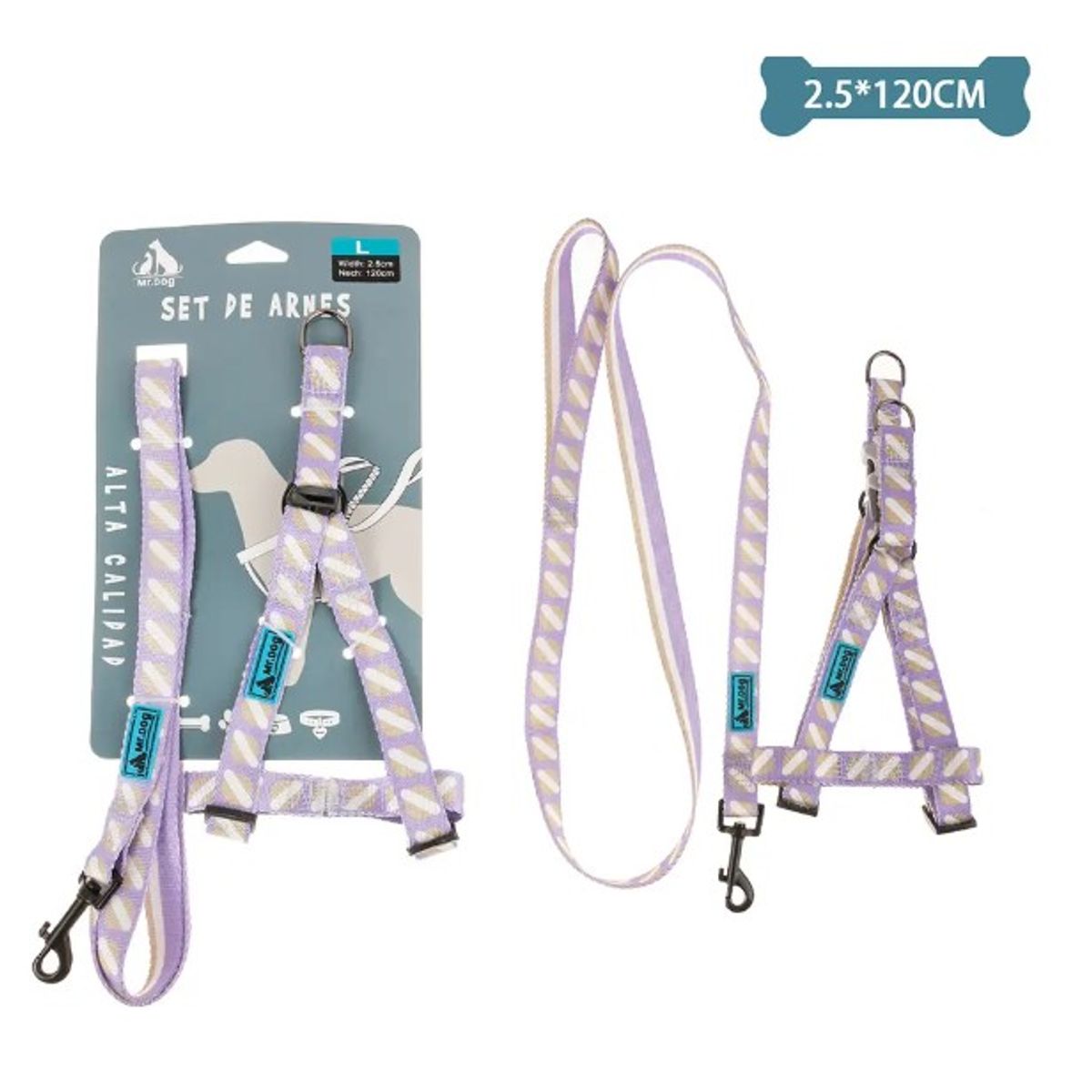 GENERICO - Set De Arnés Y Correa De Nylon Rayas Morado 25120Cm
