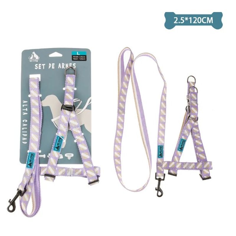 GENERICO - Set De Arnés Y Correa De Nylon Rayas Morado 25120Cm