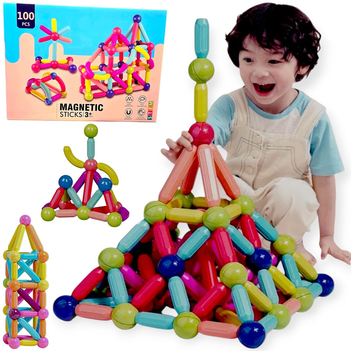 GENERICO - Juego de Construcción Magnética de 100 Piezas Montessori