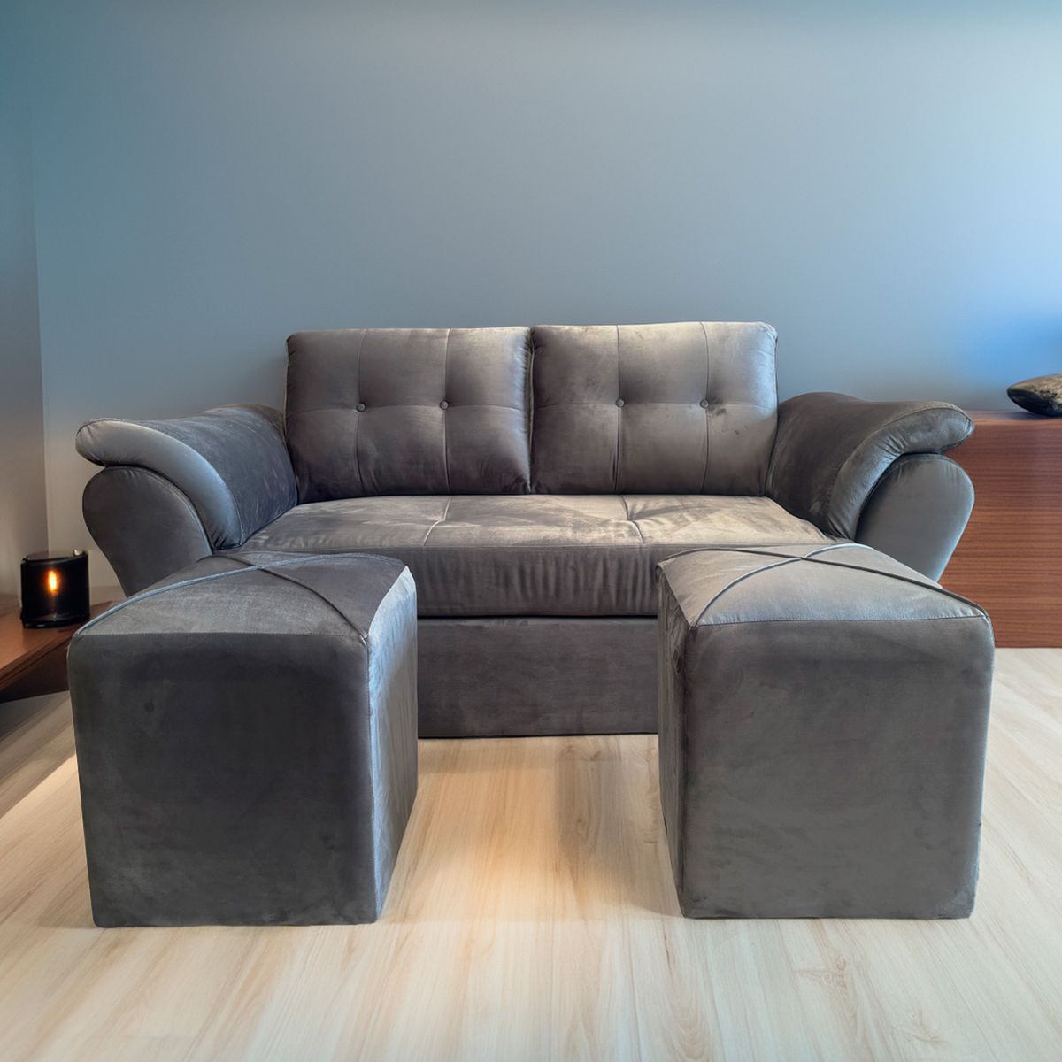 FOCUS - Sofá Venecia + 2 Puff Felpa Gris