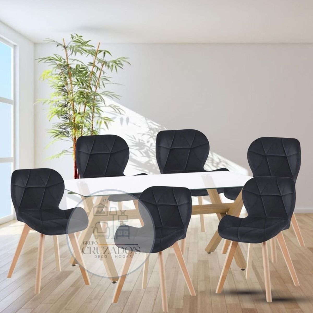 GENERICO - JUEGO COMEDOR MESA 140X90 + 4 SILLAS FELPA FIORI NEGRO