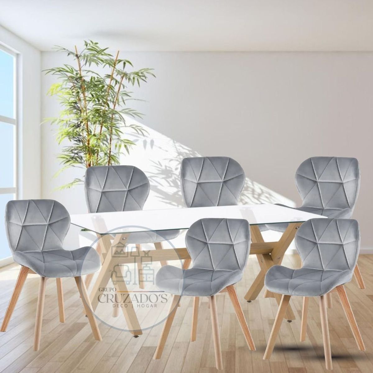 GENERICO - COMEDOR MESA  140X90 + 6 RADAR GRIS VELVET FELPA.