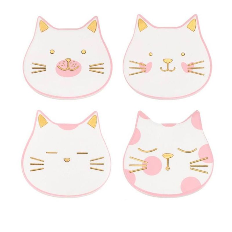 GENERICO - Set 4 Posavasos Ceramica 4 Piezas Diseño Gato Tierno