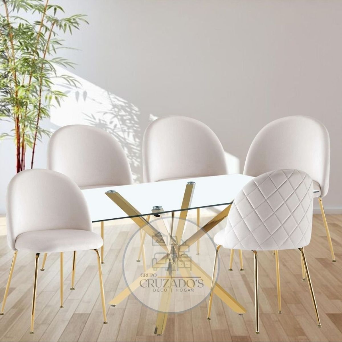 GENERICO - JUEGO COMEDOR 140X80 MAS 4 SILLAS LUXURY GOLD FELPA BEIGE