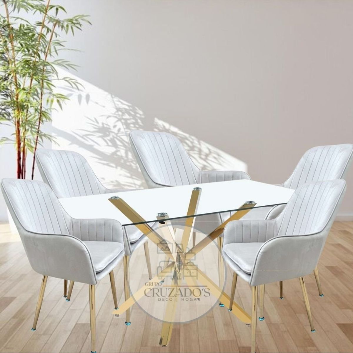 GENERICO - JUEGO COMEDOR 140X80 MAS 4 SITIALES GOLD FELPA BEIGE.