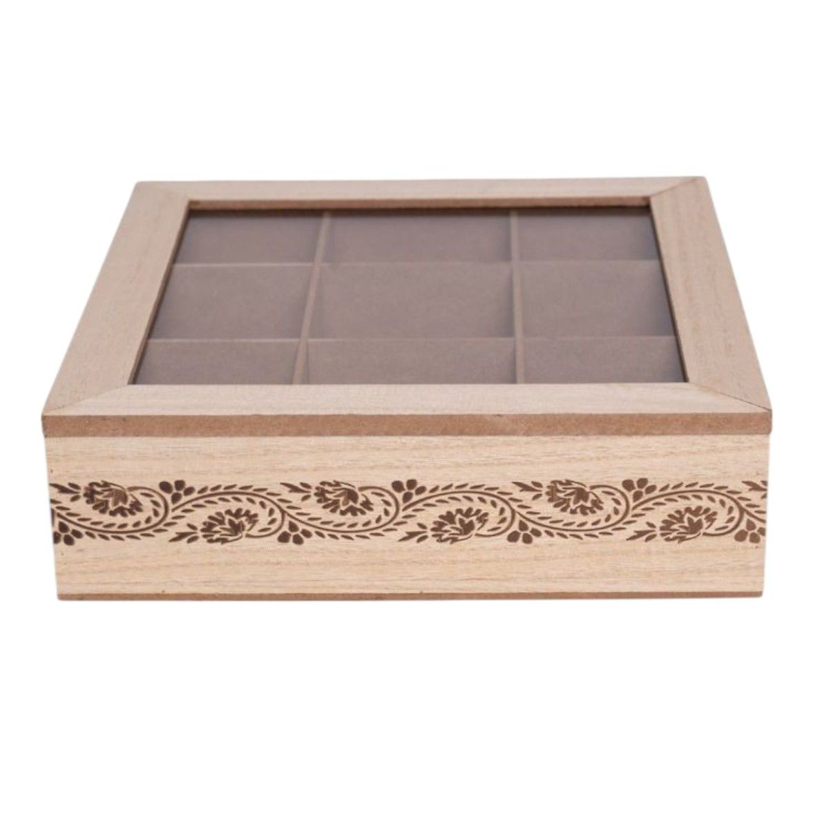GENERICO - Caja De Té Mediana De Madera 9 Espacios Ramas Flores