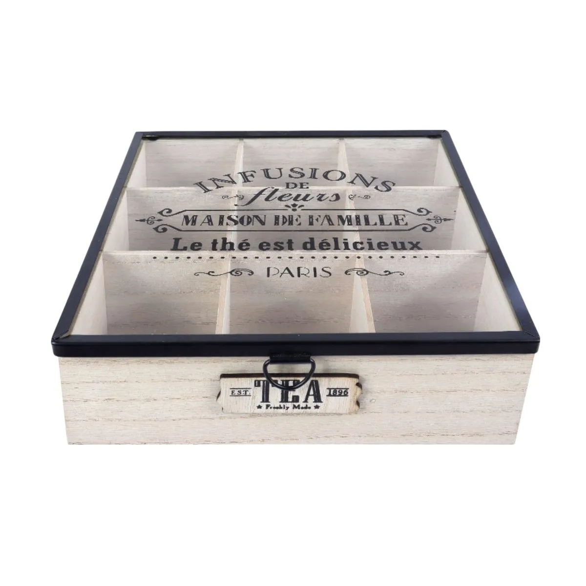 GENERICO - Caja De Té Mediana De Madera 9 Espacios Tapa Transparente