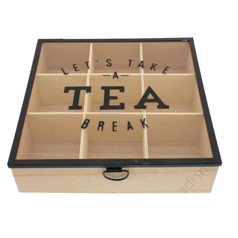 GENERICO - Caja De Té Mediana De Madera 9 Espacios Tapa Transparente