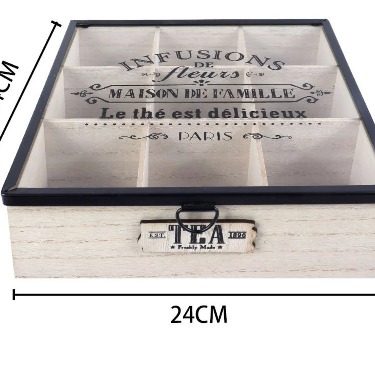 GENERICO - Caja De Té Mediana De Madera 9 Espacios Tapa Transparente